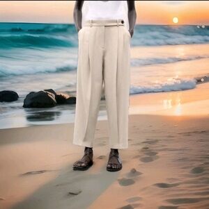 ZARA Women's Double Pleat Tapered Wide Leg Pants(Light camel, US L/EUR L)